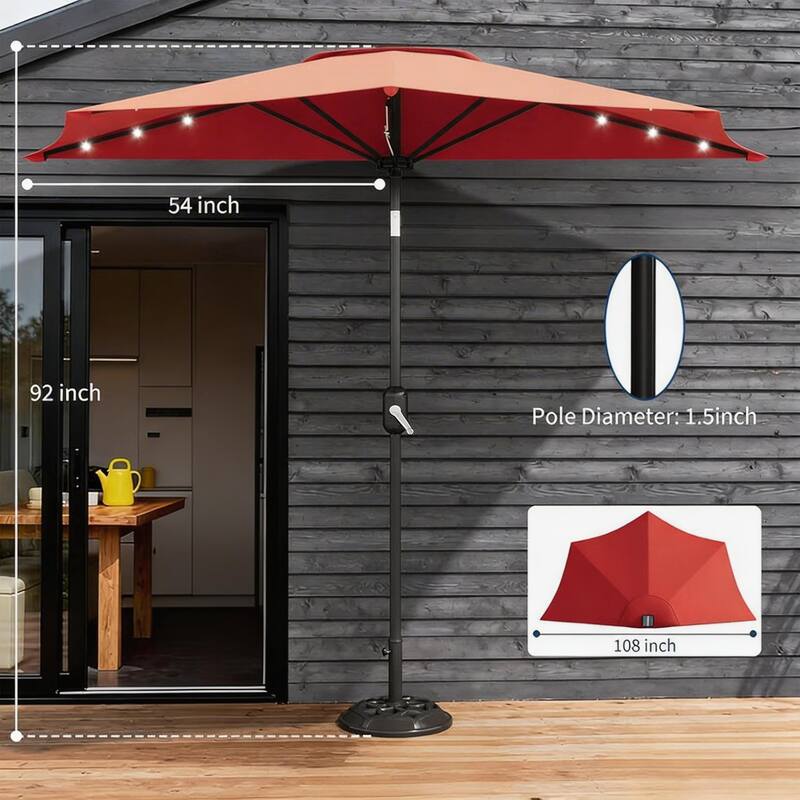 9ft Outdoor Patio Half Umbrella, with Solar LED Lights and Smooth Crank Lift