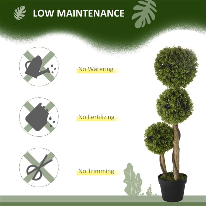 Artificial Three-Ball Boxwood Tree 35 Inch Dark Green with Cement Pot for Home Office and Outdoor Decoration