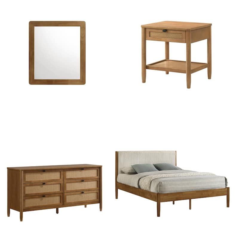 Roundhill Furniture Vichy 4-Piece Rattan Bedroom Set Upholstered Queen Bed, Dresser, Mirror, and Nightstand