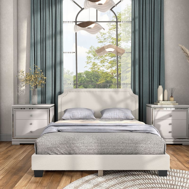 Furniture of America Gail Modern White Boucle Adjustable Queen-Size Platform Bed - Nailhead Trim Headboard with Block Legs