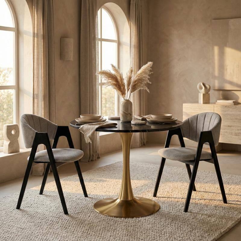 Bristol Minimalist Modern Round Dining Table with Solid Wood Top and Accent Gold Stainless Steel Base for Home or Kitchen