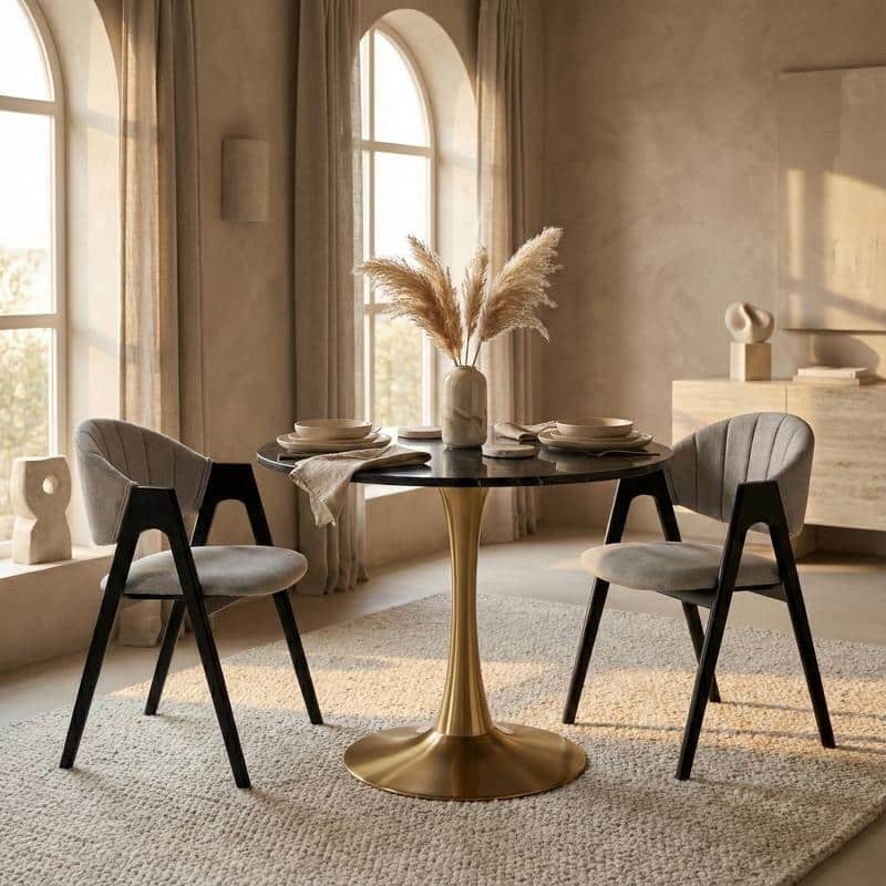 Bristol Minimalist Modern Round Dining Table with Solid Wood Top and Accent Gold Stainless Steel Base for Home or Kitchen