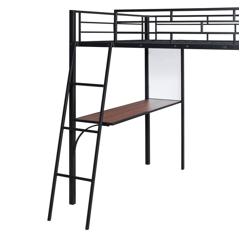 Stylish Loft Metal Bed with 3-Layer Shelves, Built-in Desk & Whiteboard - Modern Frame Design