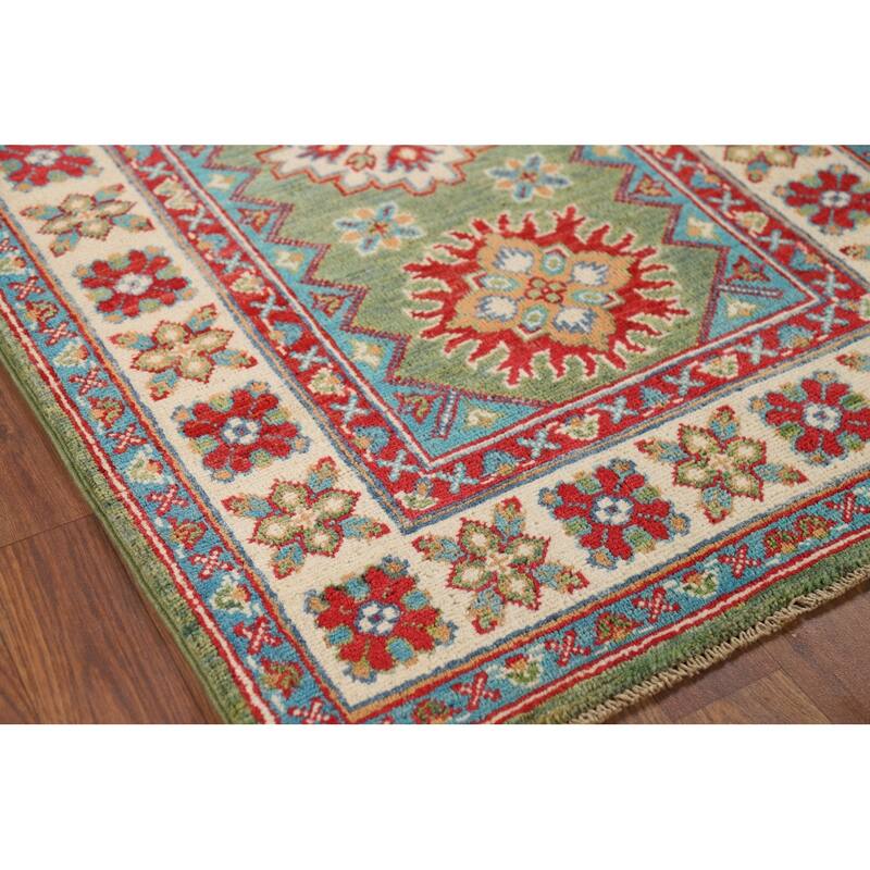 Green Geometric Kazak Oriental Foyer Rug Hand-Knotted Wool Carpet - 2'8" x 4'0"
