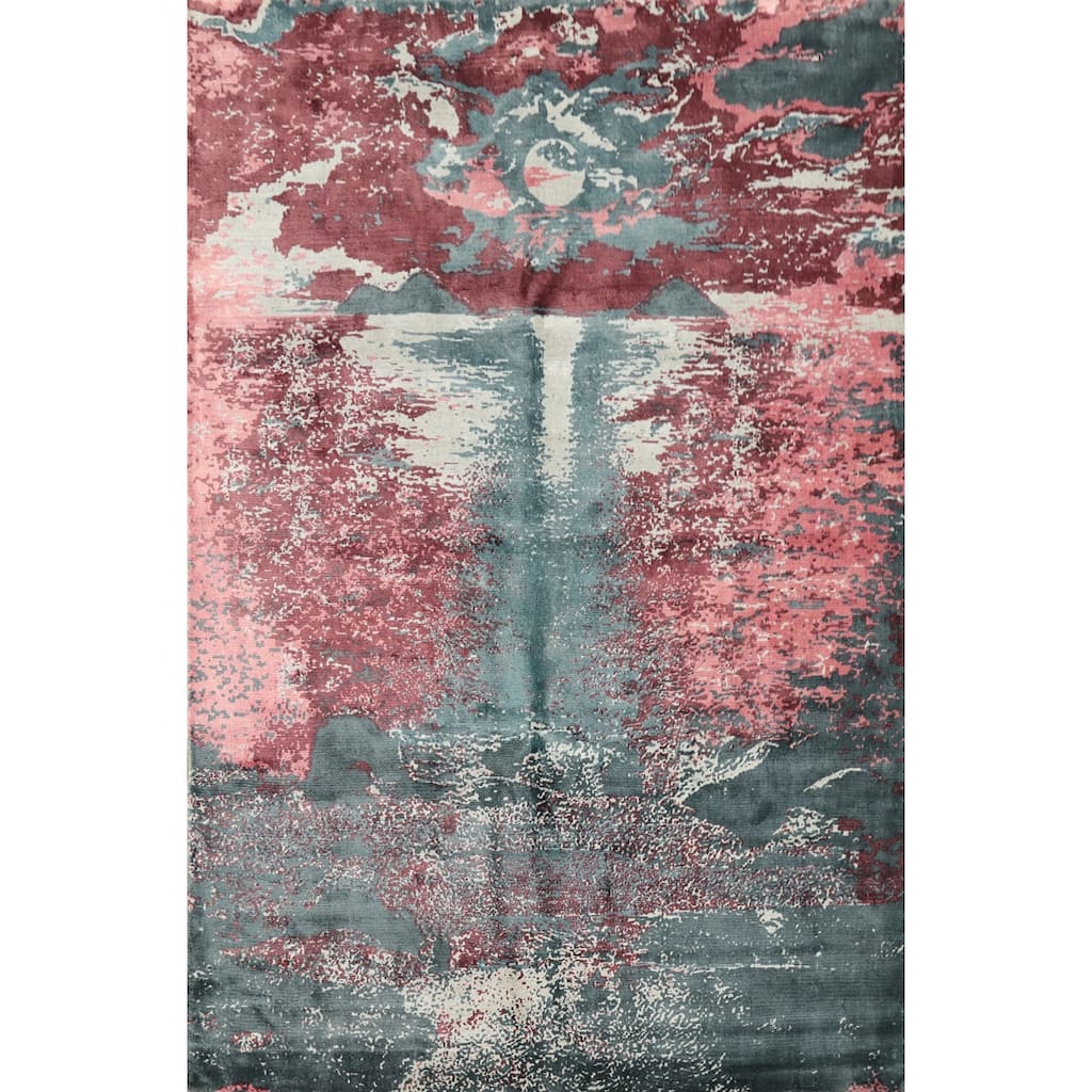 Hand Knotted Oriental Viscose Silk Carpet Modern Pictorial Green Abstract Area Rug - 7' 10'' X 5' 8''