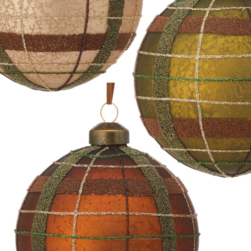 4" Glass Matte Plaid Ball Ornament Set of 6