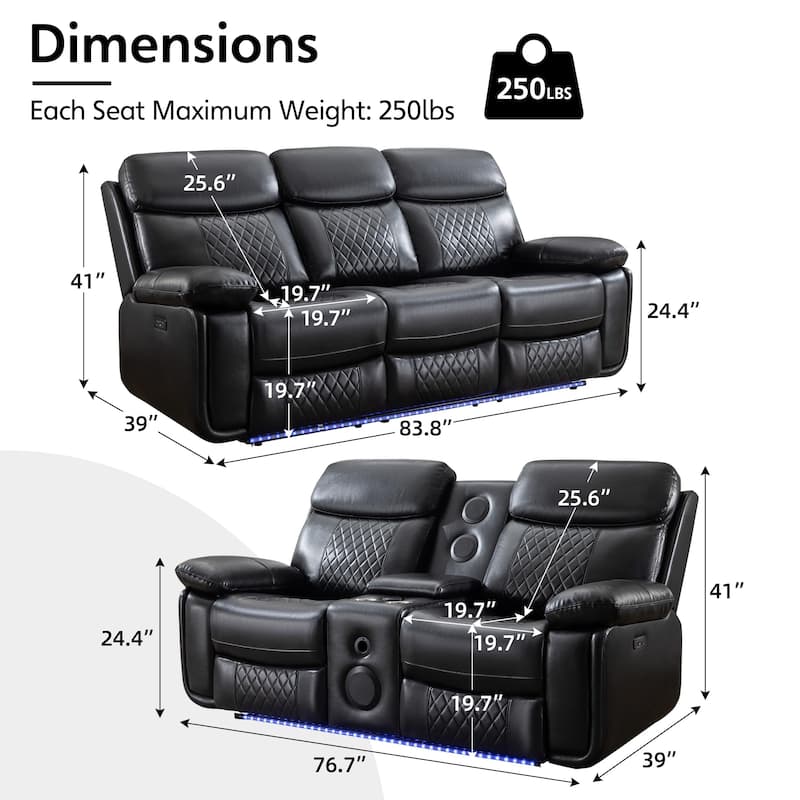 Power Reclining Sofa with Wireless Charger,Reading Light,LED Light for Living Room,Faux Leather,AC/USB Port,Cup Holder,Black