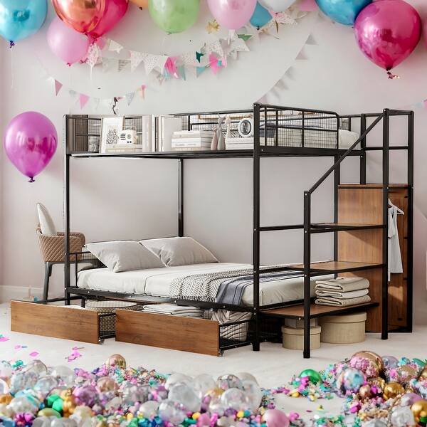 slide 2 of 12, Twin Over Full Bunk Bed with Wardrobe and Storage Black