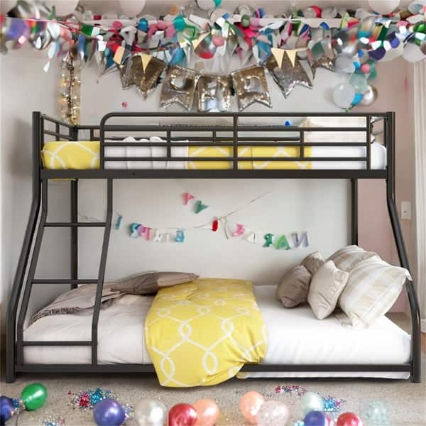 slide 2 of 7, Twin XL Over Queen Metal Floor Bunk Kids Bed - Modern Design, Sloping Stairs, Space-Saving for Bedroom, Easy Assembly, Black Black