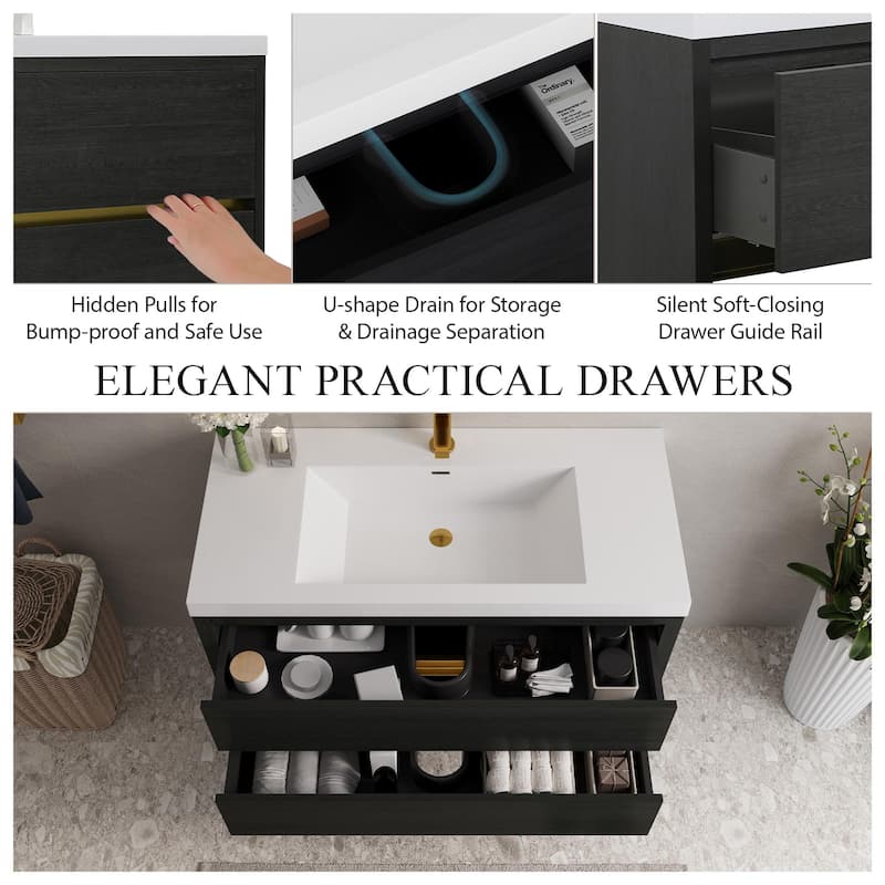 GDFStudio - Daniel Floating Bathroom Vanity with Stone Resin Sink and Soft-Close Drawer Storage