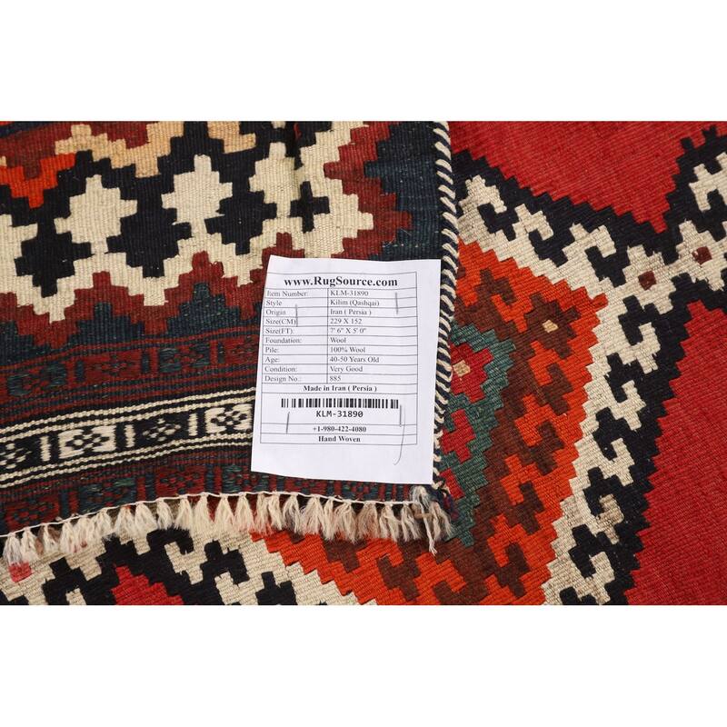 Red Kilim Qashqai Persian Vintage Area Rug Flatweave Wool Carpet - 5'0"x 7'6"