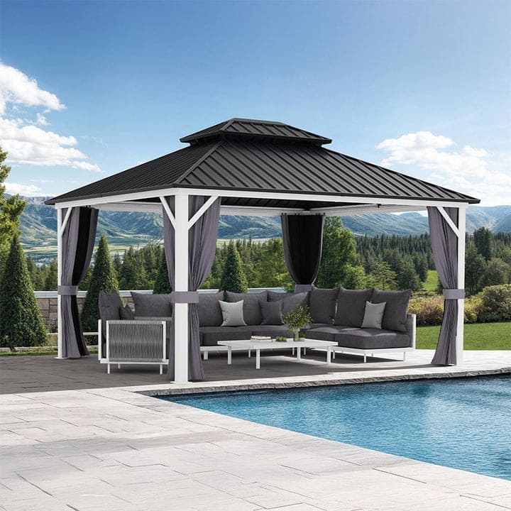 PURPLE LEAF Patio Hardtop Gazebo for Outdoor Grey Galvanized Steel Double Roof White Aluminum Poles - 12' x 14' - Grey