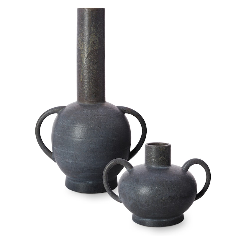 Daisie Ceramic Amphora Floor Vases (Set of 2) - 14"H x 7"W x 10"D,8"H x 8"W x 11"D - Charcoal