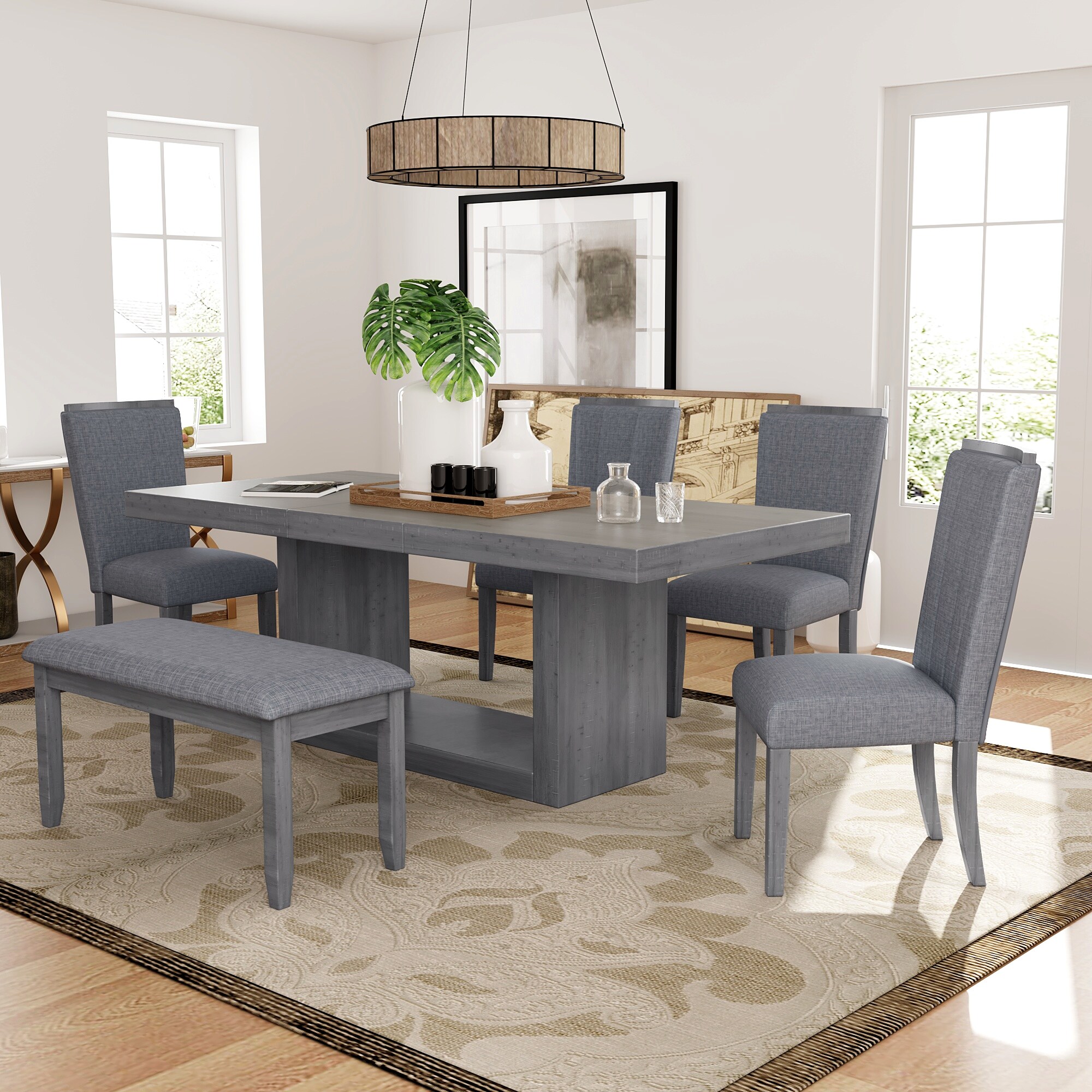 Pieces Dining Table Chair Set with Bench, Extendable Pedestal