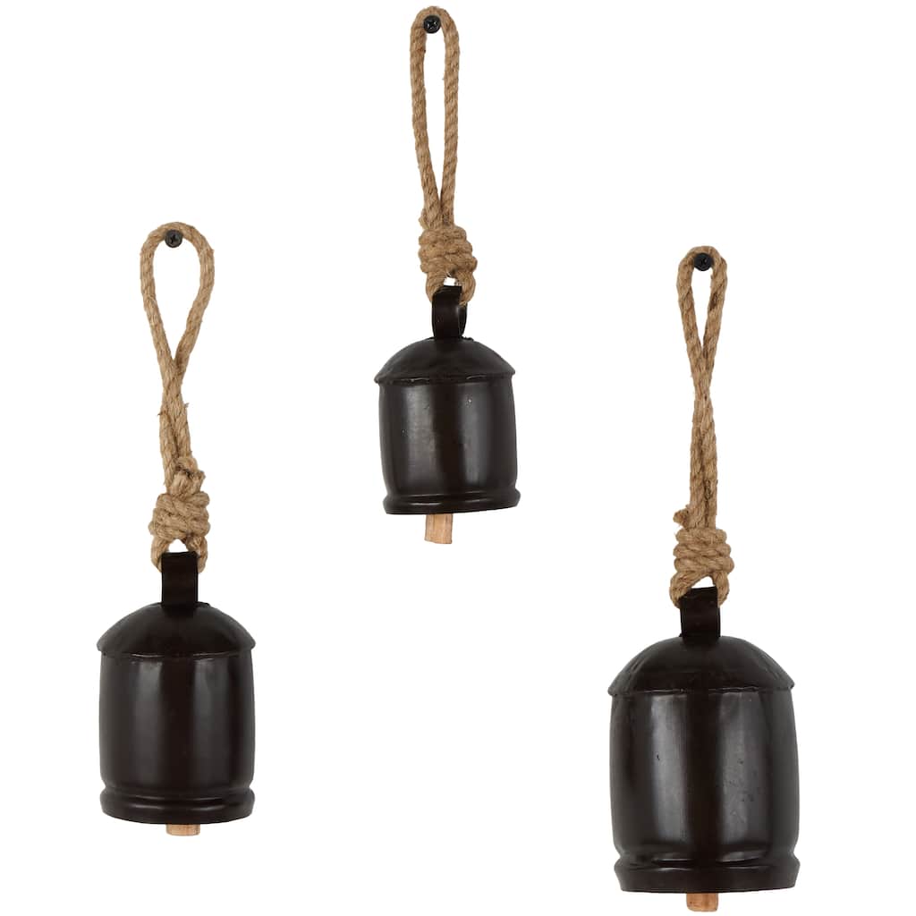 Metal Cluster Indoor Outdoor Decorative Cow Bells with Jute Hanging Rope - Set of 3 Black or Gold - Roche River Decor