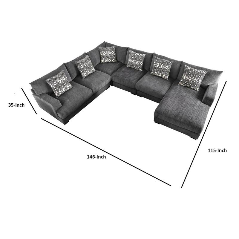 U Shaped Sectional with 6 Accent Pillows, Gray