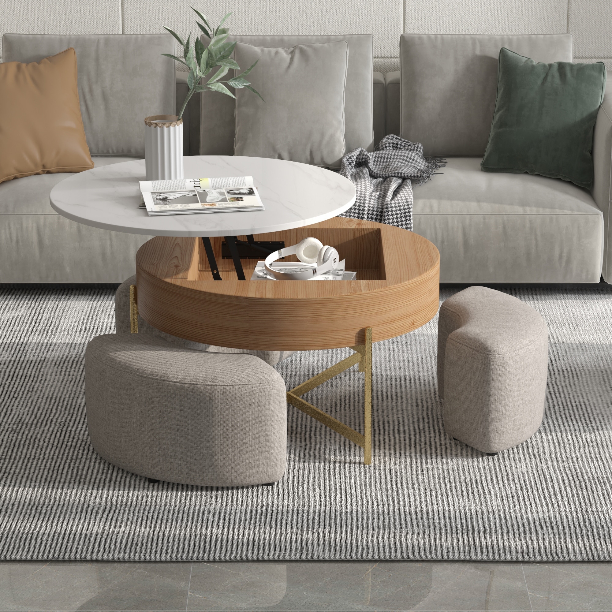 Modern Lift top Round Coffee Table with 3 Nesting Stools and Hidden Storage Bed Bath Beyond 39157856