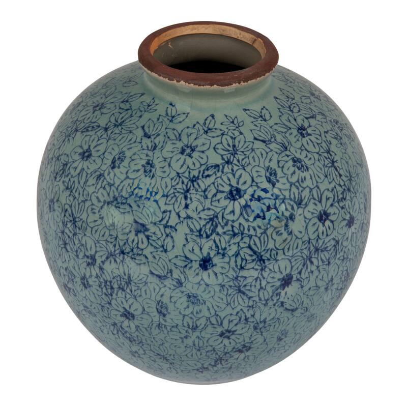 Decorative Terra-cotta Vase with Transferware Pattern - Navy Blue - 7.88"L x 7.88"W x 7.88"H
