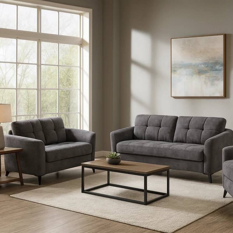 Odin 2 Piece Sofa and Loveseat Set, Tufted Cushions, Gray Velvet Upholstery