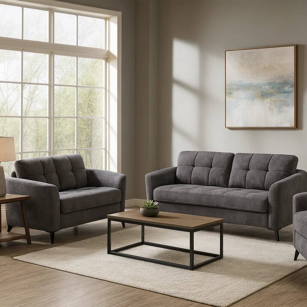 Odin 2 Piece Sofa and Loveseat Set, Tufted Cushions, Gray Velvet Upholstery