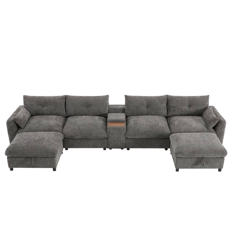 Oversized U Shaped Modular Sectional Sofa with 2 Storage Ottomans, Chenille 6 Seat Sofa with Console, Cup Holder & USB Charger