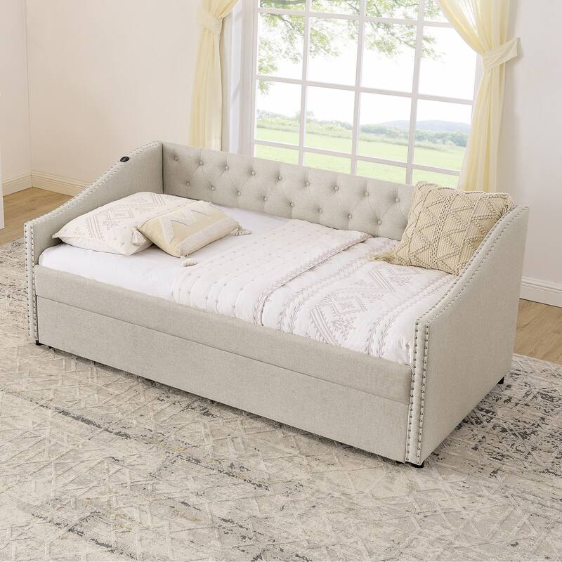 Twin Size Daybed with Pull Out Bed Trundle, Upholstered Button-Tufted Backrest Sofa Bed with Nailhead Trim & USB Charging Ports