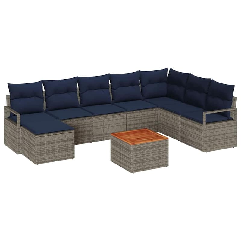 vidaXL 9 Garden Sofa Set with Cushions Black/Grey Poly Rattan - 113 x 69.7 x 27.2