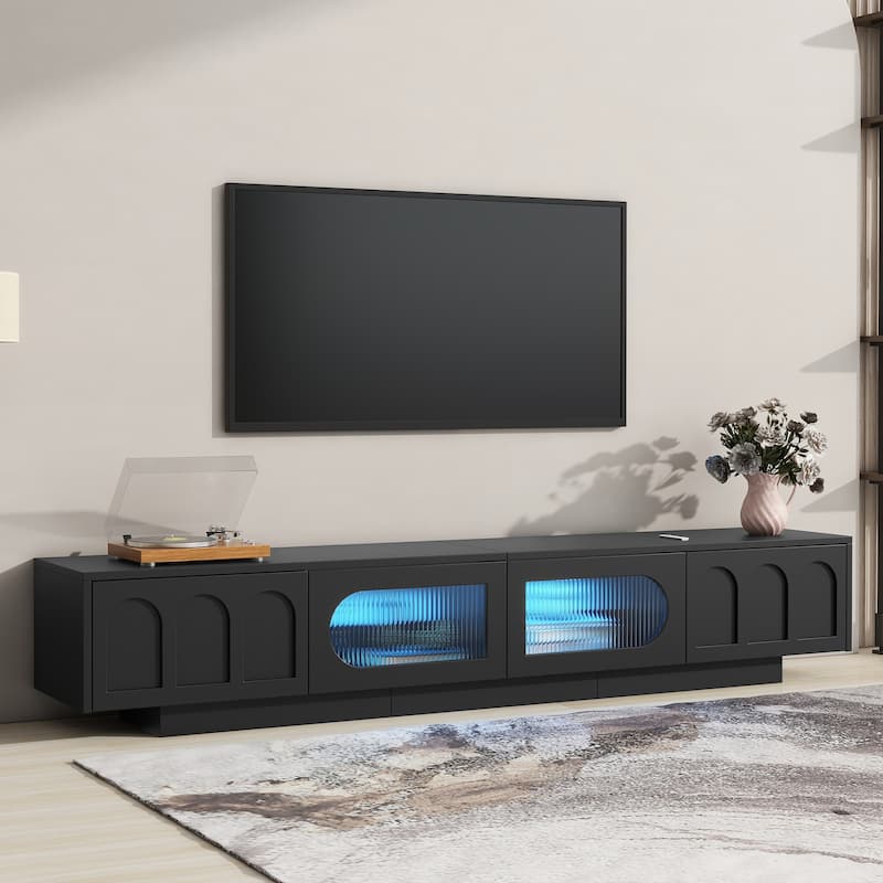 Black 86.6" TV Stand with Smart LED Strip, Ample Storage, and Tempered Glass Doors for TVs Up to 95" - Black