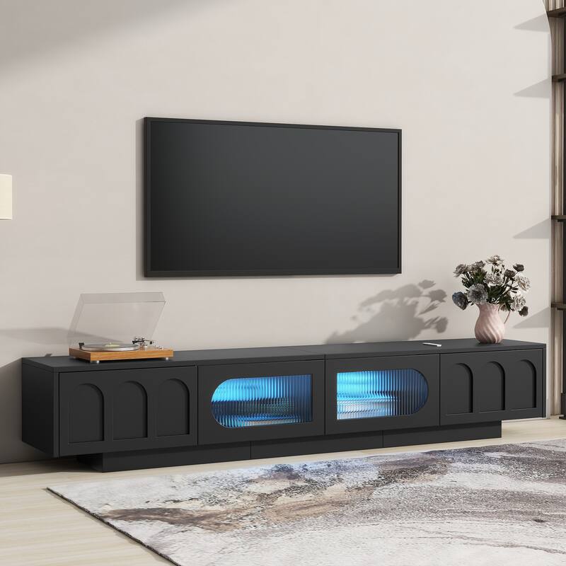 Functional TV Stand with Geometric Fluted Glass Doors, APP-Controlled LED Lighting for TVs Up to 95", Storage Cabinet & Drawers - Black