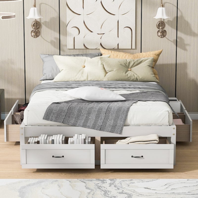 Full/Queen Size Platform Bed without Headboard, Wooden Storage Platform Bed Frame with 6 Drawers, Wood Slats Support - Antique White - Queen