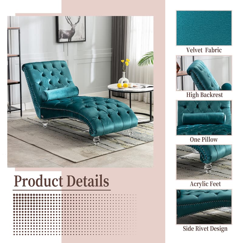 Teal Modern 63.98" Upholstered Buttons Tufted Chaise Lounge Chair with Pillow and Acrylic Legs