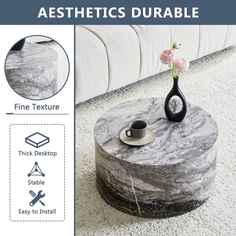 Marble Texture Round MDF Coffee Table: 23.6" Diameter × 11.8" Height, Modern Minimalist Style, Perfect for Living Room