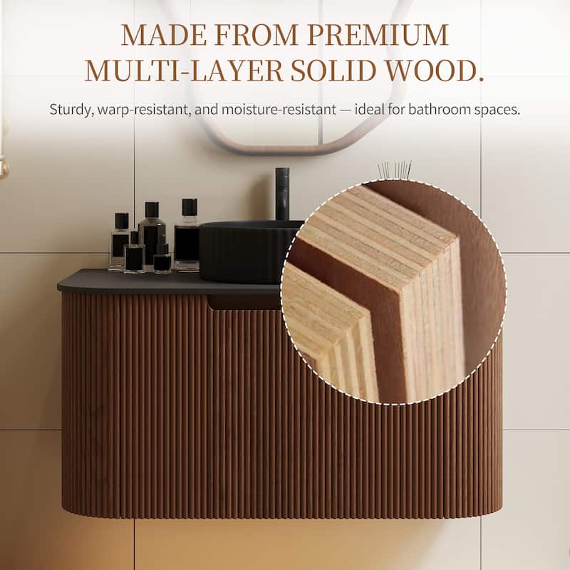 35.83'' Single Bathroom Vanity with Stone Top, Brown, 2 Drawers