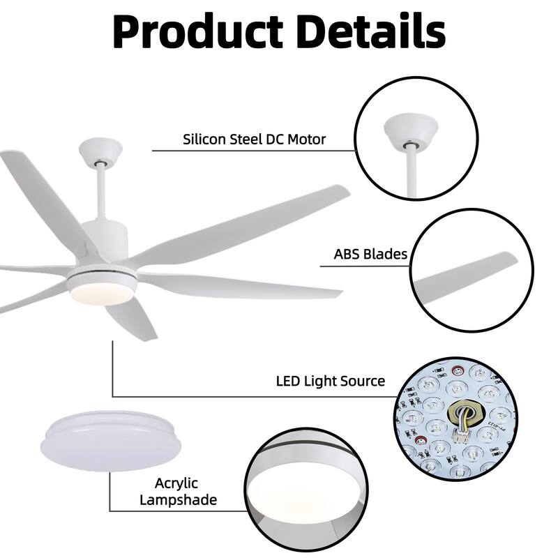 66 in. Modern Downrod Mount Ceiling Fan with LED Light, 6 ABS Blades, DC Motor, Remote Control