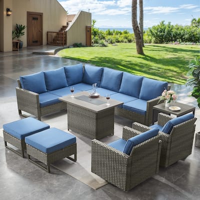 Wicker Sofa Glider Chair and Fire Pit Table- Blue cushion - Grey