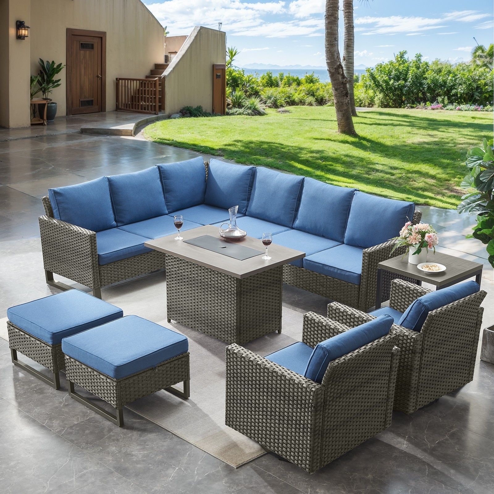 Wicker Sofa Glider Chair and Fire Pit Table- Blue cushion - Grey