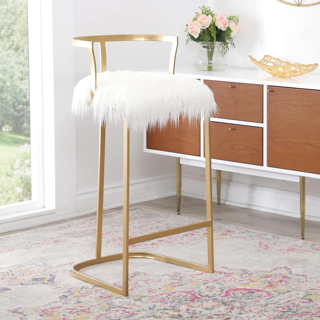 Abbyson Zoe Ivory Faux Fur 30 Inch Matte Gold Bar Stool