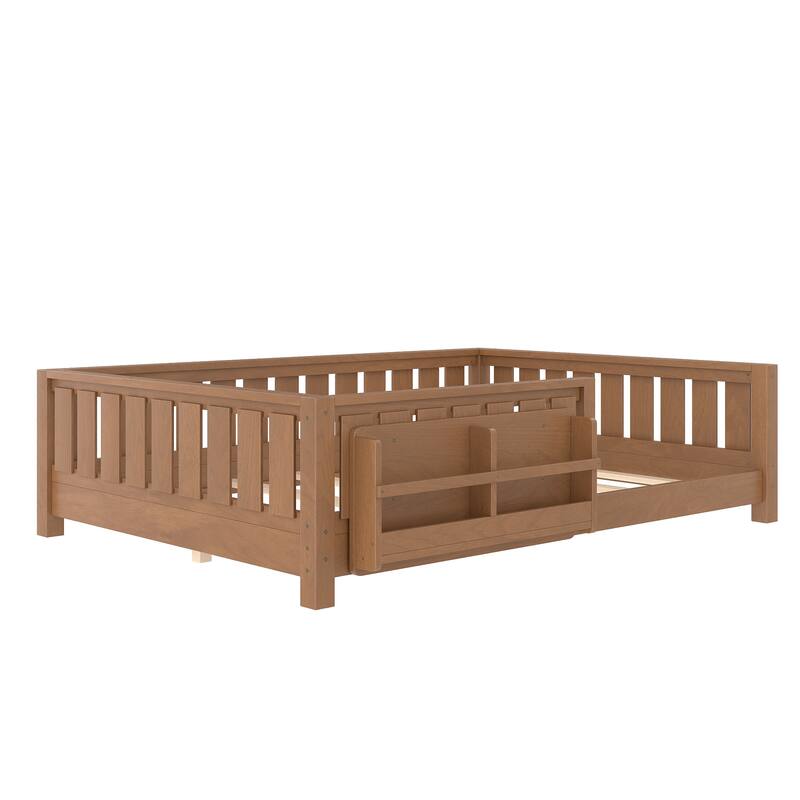 Montessori Floor Bed Low Profile Kids Bed with Rails & Bookshelf
