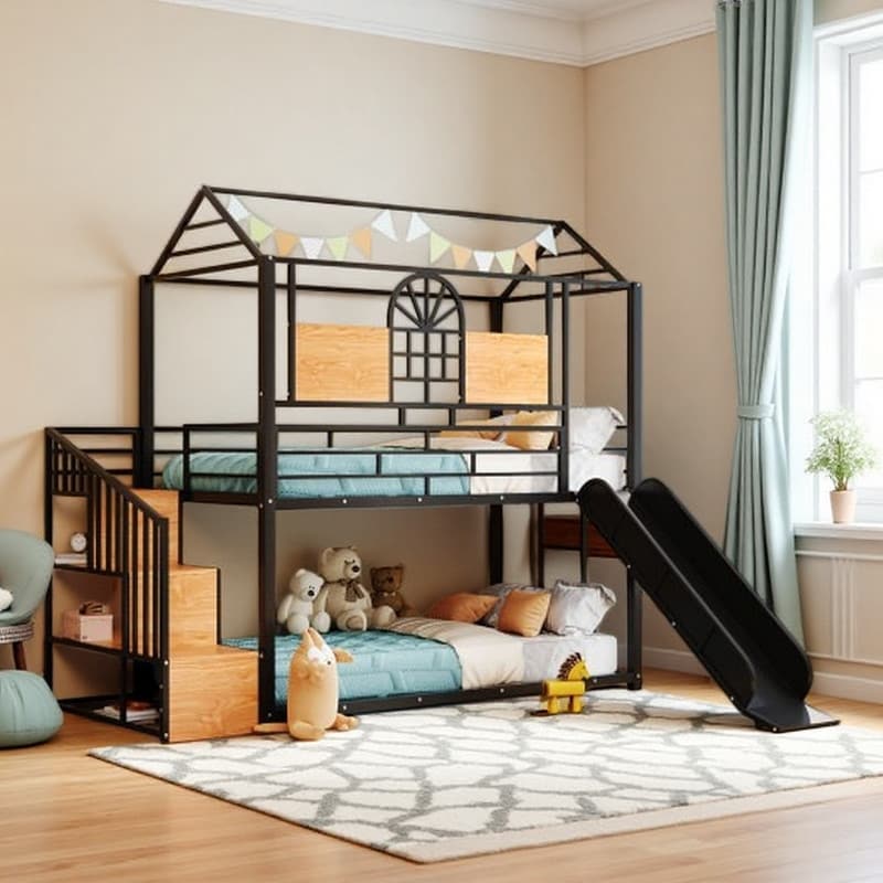 Twin Over Twin Metal House Bunk Bed with Slide and Storage Staircase, Under-Stair Compartments, Built-in Guardrails and Ladder
