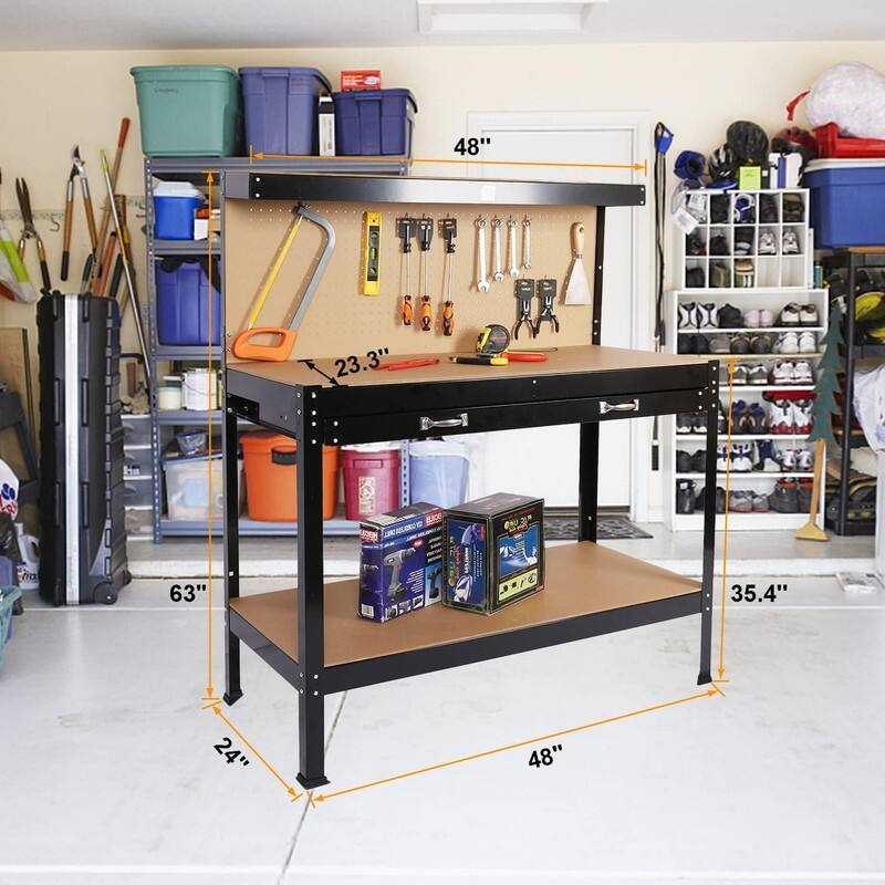Steel Tool Storage Workbench, Hardwood Tools Table Workstation with Drawer, Peg Board for Workshop, Home