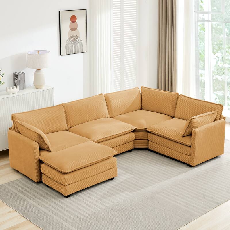 5-Seater Corduroy Sectional Sofa with a Removable Ottoman & Corner Seat, Soft & Comfortable - 4 Seats with 1 Ottoman - Mineral Yellow