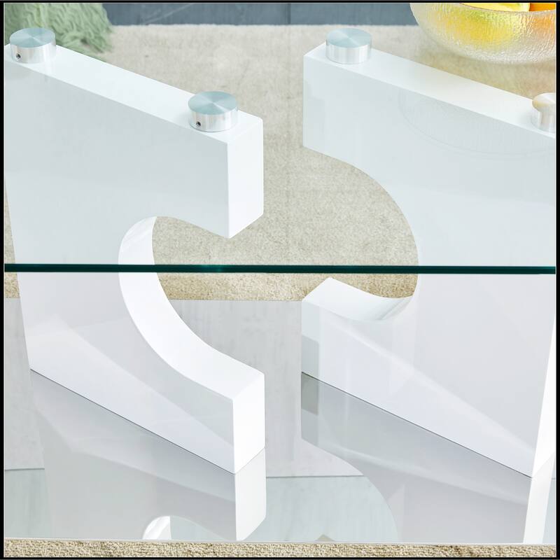 Rectangular Coffee Table with Tempered Glass Tabletop and White MDF Legs