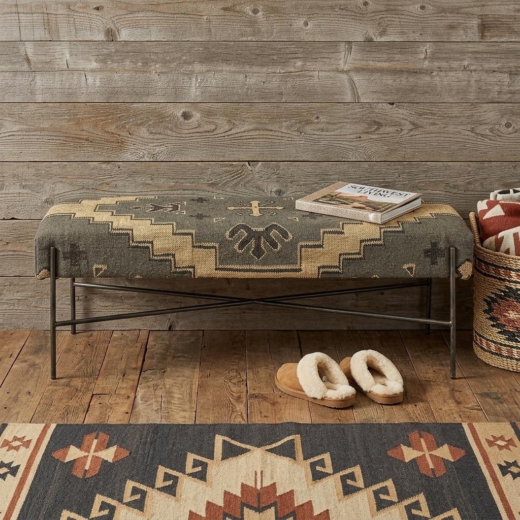 HomeRoots 55" Green Brown and Black Upholstered Abstract Cotton Blend Bench - 55.00 in. x 18.00 in. x 17.00 in.