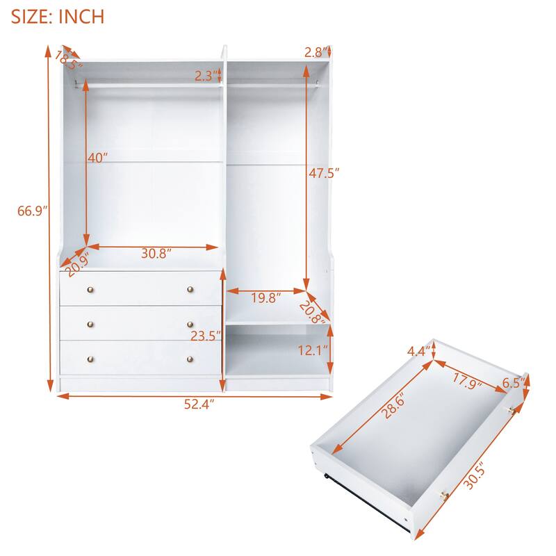 Wooden Open Wardrobe Storage Clothes Storage Cabinet with Dual Hanging Rods and Five Shelves Armoire for Bedroom