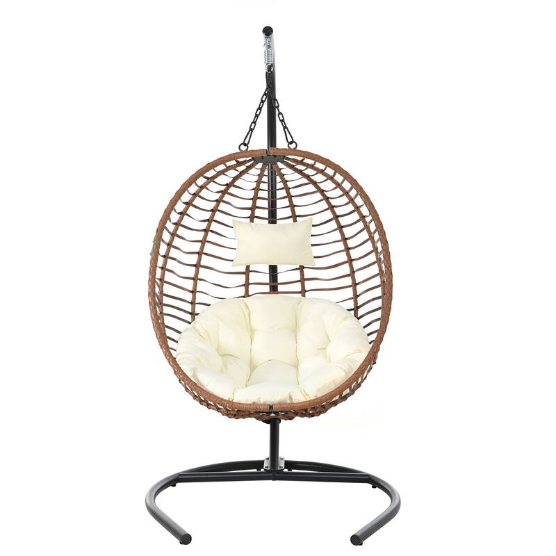 Single Person Folding Egg Chair with Stand - Hanging Wicker Hammock Swing with Adjustable Feet for Balcony, Garden, Bedroom