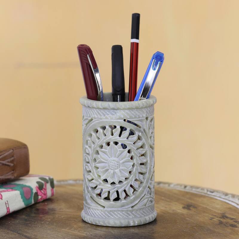 Novica Handmade Botanical Fantasy Soapstone Pen Holder