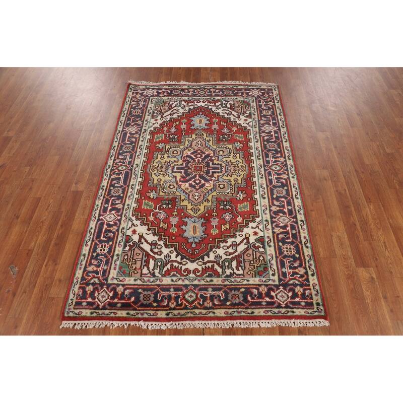 Geometric Heriz Serapi Indian Accent Rug Hand-Knotted Wool Carpet - 4'0" X 6'0"