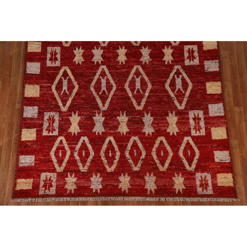 Hand Knotted Oriental 100% Wool Carpet Modern Tribal Red Moroccan Area Rug - 9' 8'' X 6' 10''