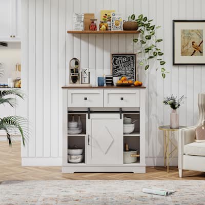 39" Sliding Barn Door Buffet Sideboard Storage Cabinet Coffee Bar with Storage and 2 Drawers, Coffee Storage Cabinet for