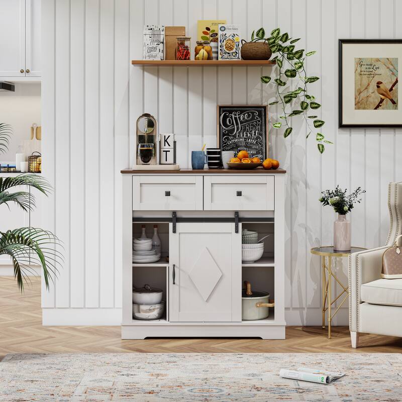Coffee Bar Cabinet with Sliding Barn Door, Buffet Cabinet with Storage Shelves, Kitchen Sideboard with 2 Drawers - Ancient White